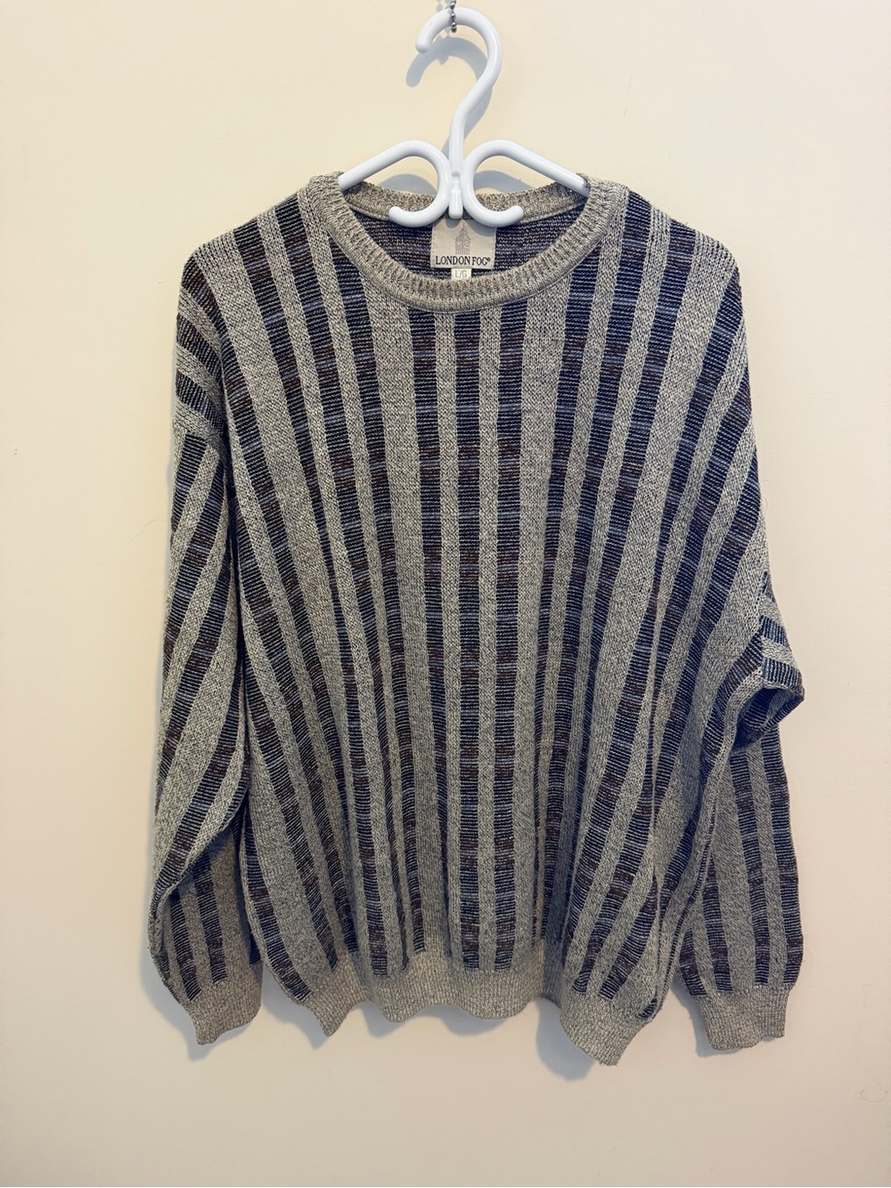 London Fog Men's Gray & Navy Vertical Stripe Crew Sweater